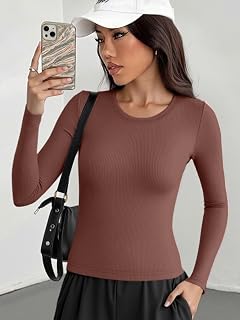 Ladies Long Sleeve Fitted Sweatshirt, Ribbed Crew Neck Solid Color Brown