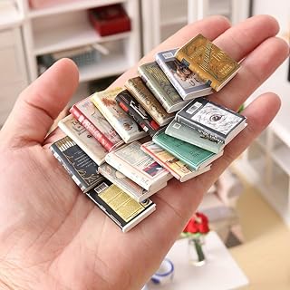 Miniature Book Figurines Collection: 10 Stacked Thumb-Sized Book Sculpture - Intricate Vintage Cover Illustrations for Bookshelf Display