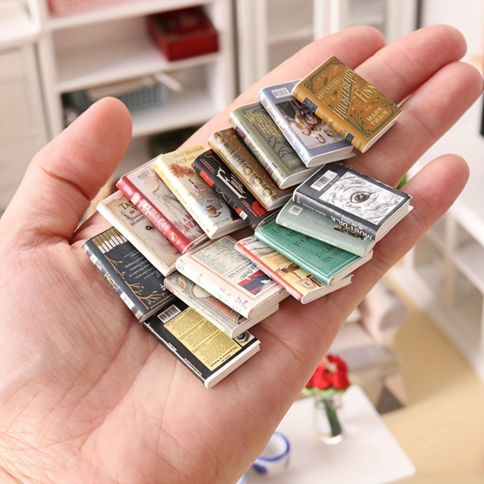 Miniature Book Figurines Collection: 10 Stacked Thumb-Sized Book Sculpture - Int