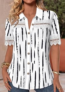 Women Short Sleeve V Neck Striped Lace Hollow Stitch Button Down Top Autumn Summer Casual Outing