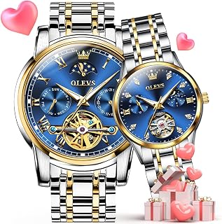 OLEVS Paire de montres mécaniques automatiques à remontage automatique pour lui et elle, cadeau de Saint-Valentin, 6617+6608 : bracelet bicolore et cadran bleu