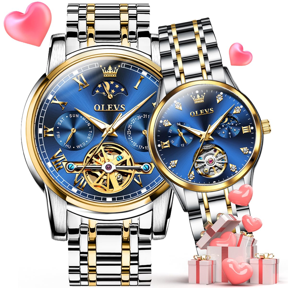 OLEVS Paire de montres mécaniques automatiques à remontage automatique pour lui 