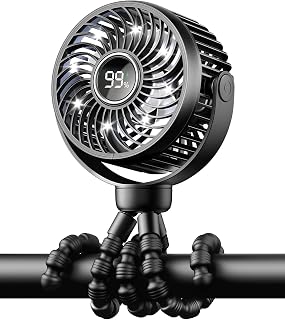 Bearwind Pram Fan, Rechargeable 4-Speed Clip On Fan, Digital Display, Black | Portable Baby Stroller Fan, LED Night Light, 360° Rotation, Flexible Tripod for Buggy, Pushchair, Car Seat, Crib and Travel