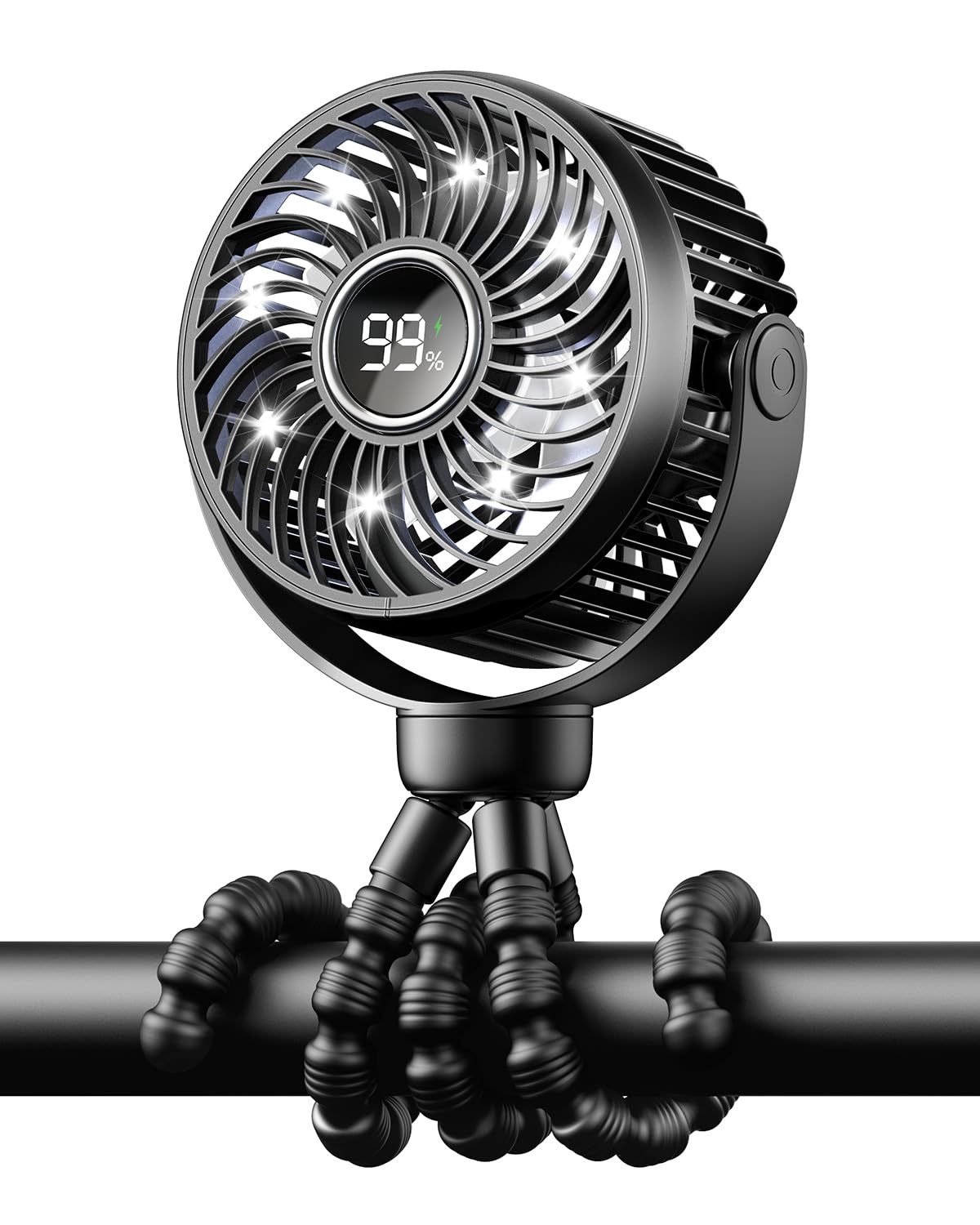 Bearwind Pram Fan, Rechargeable 4-Speed Clip On Fan, Digital Display, Black | Po