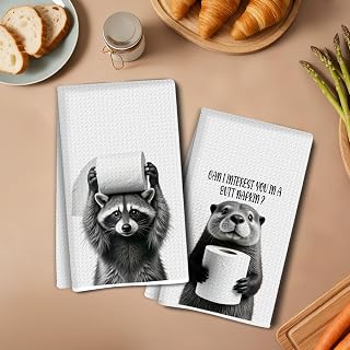 2 Pieces Kitchen Tea Towels Funny Raccoon Otter 35x61cm Absorbent Microfiber Tea Towels Decorative Honeycomb Tea Towels for Kitchen Home Bathroom Dog Lovers Gifts 1