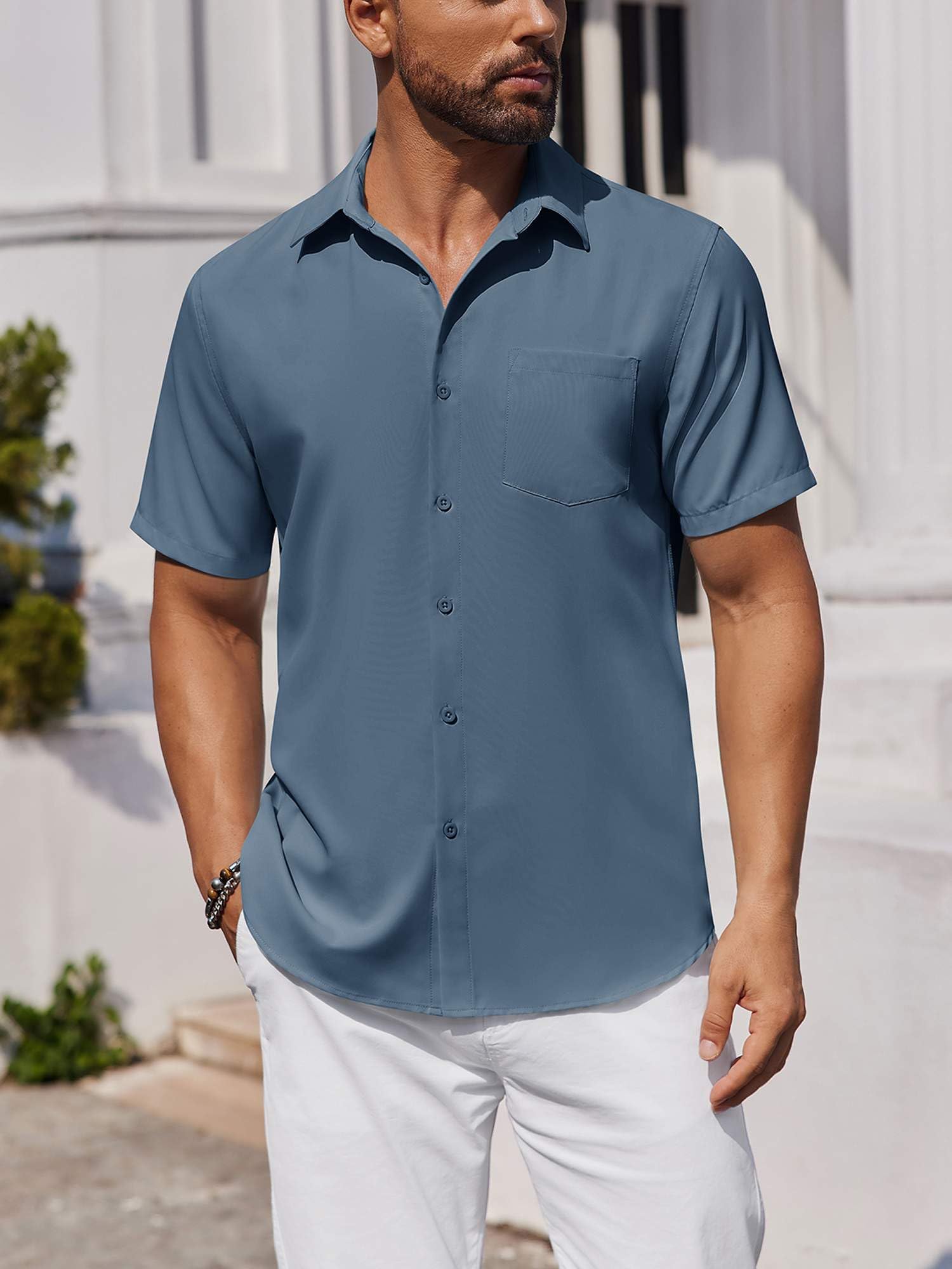 Camicia da uomo a maniche corte con bottoni, con tasca