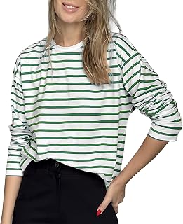 Women's Striped Long Sleeve T-Shirt - Classic Loose Stretchy Crew Neck T-Shirt Basic Cotton T-Shirt