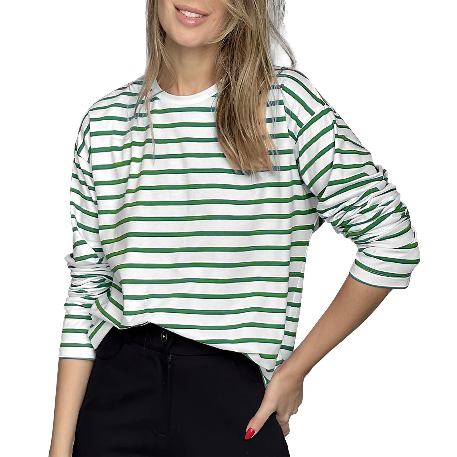 Women's Striped Long Sleeve T-Shirt - Classic Loose Stretchy Crew Neck T-Shirt B