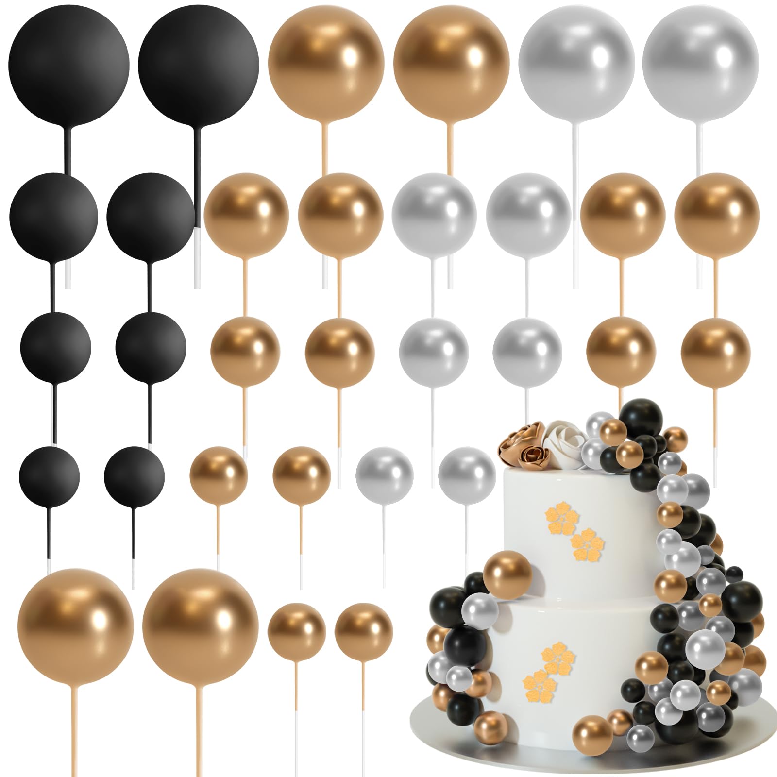 ASTARON 32 x Cake Topper Mini Balloons Cake Topper Sticks Foam Balls Cake Picks 