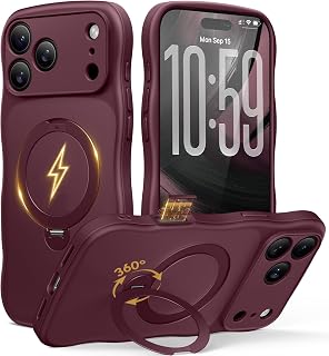 Magnetic for iPhone 18 Pro & iPhone 17 Pro Case,360° Spin Stand Burgundy | Fit for Magsafe, Cute Wave Edge, Camera Button, Translucent Shockproof Mil-Grade Phone Case for iPhone 18 Pro & iPhone 17 Pro