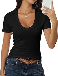 Roselux レディース 半袖 ディープVネック トップス シャツ フィット コットン 夏 Tシャツ