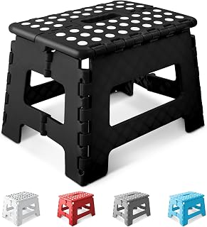 KEPLIN 9 Inch Heavy Duty Folding Step Stool | Non-Slip Foldable Footstool for Toddlers, Children & Adults | Portable, Lightweight Plastic Footstep w/Carrying Handle for Indoor or Outdoor (Black)