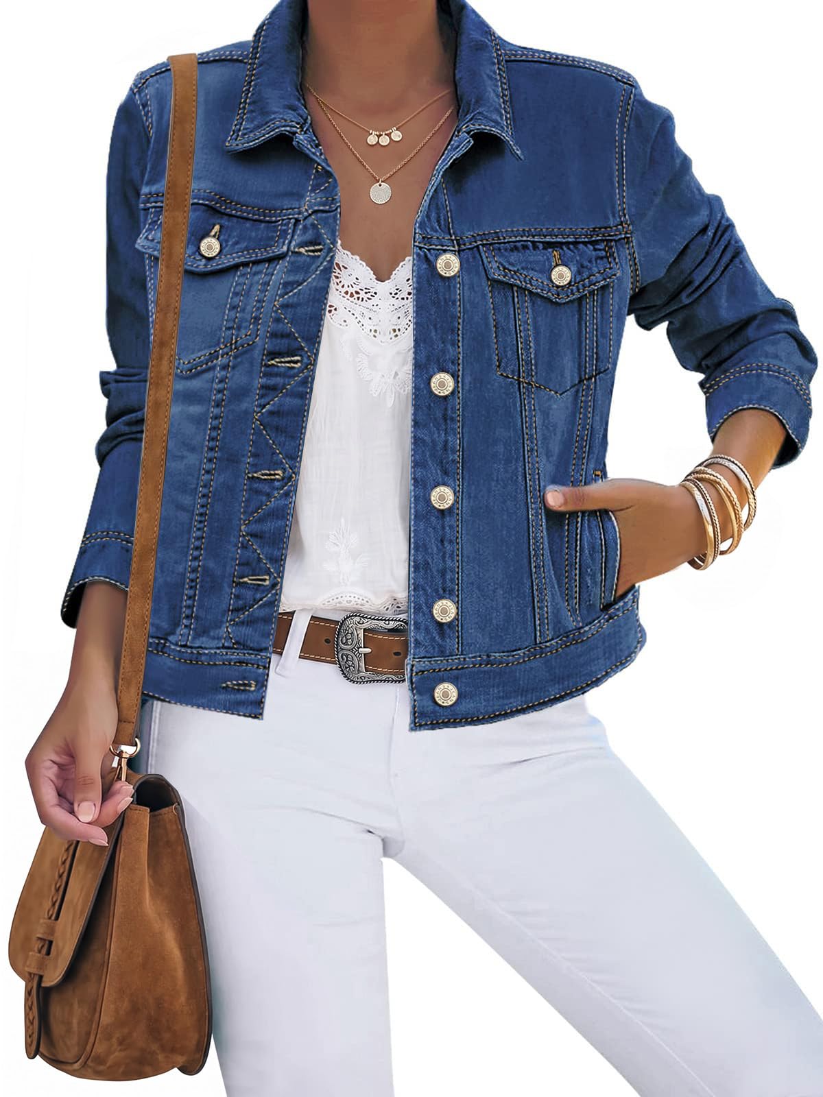 luvamia Women's Basic Button Down Stretch Fitted Long Sleeves Denim Jean Jacket
