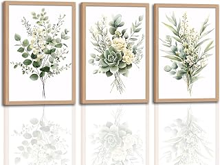 3Pcs Framed Vintage Botanical Wall Art Plant Floral Watercolor Canvas Prints Sage Green Painting Eucalyptus Leaf Picture Modern Minimalist Boho Bedroom Bathroom Living Room Ready to Hang 16x24in