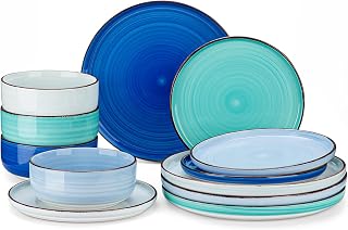 vancasso Bonita Blue Dinnerware Sets, Plates and Bowls Set for 4, 12 Pieces Stoneware Dinnerware Set, Dishwasher and Microwave Safe