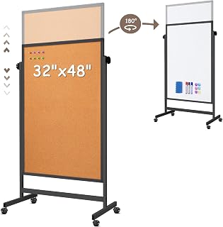 Double Sided Cork Board & White Board on Wheels 48" x 32" Aluminum Frame | Magnetic Rolling White Board, Height Adjustable Freestanding Natural Corkboard, Dual-function Surface for Writing & Pinning