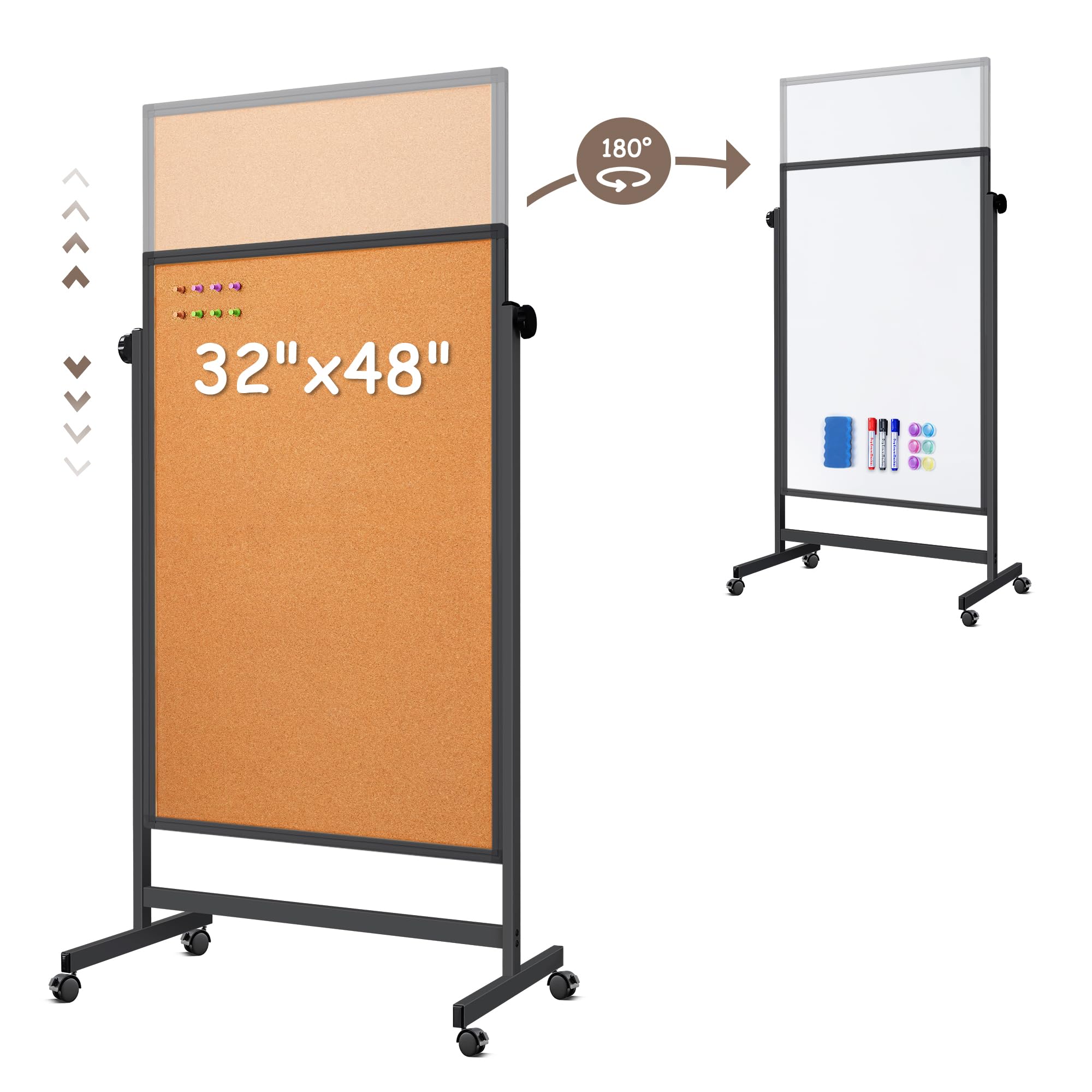 Double Sided Cork Board & White Board on Wheels 48" x 32" Aluminum Frame | Magne