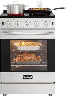 KoolMore 24 in. 4-Burner Electric Glass Top Slide-In Oven Range Stove, 240V Stainless Steel Kitchen Stove with Smooth Cooktop, Front Controls, Modern Residential Cooking Appliance