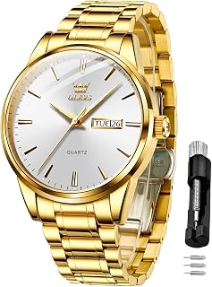 OLEVS Montre à quartz pour homme avec bracelet en acier inoxydable doré et noir - Étanche - Lumineuse - Classique et élégante - Cadeau