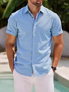 Mens Button Down Short Sleeve Shirt V Neck Casual Solid Color Summer