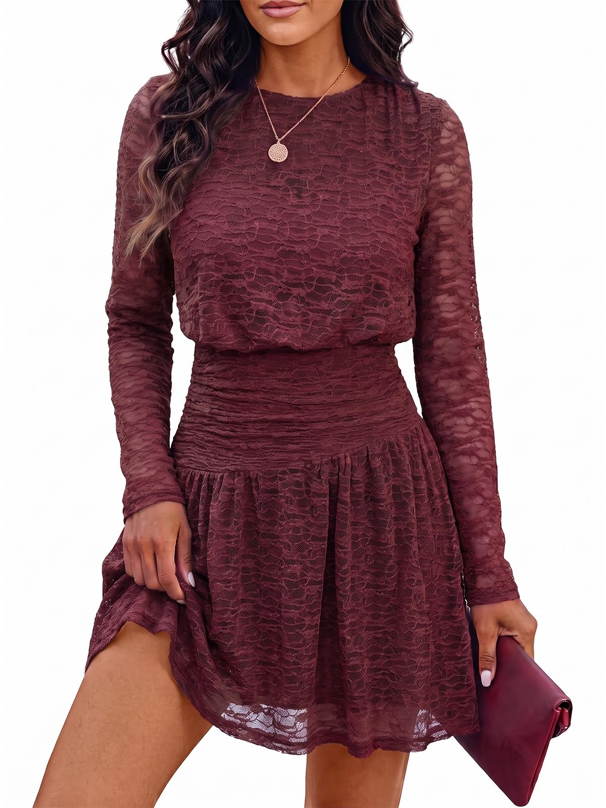 Wenrine Womens Lace Mini Dress Long Sleeve Fall Wedding Guest Dresses