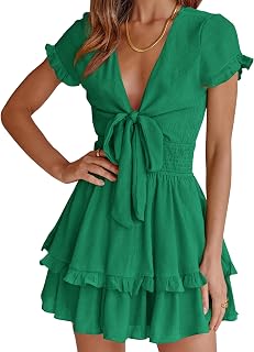 PRETTYGARDEN Women Mini Dress 2023 Summer Swing Tie Front V Neck Short Sleeve Ruffle Layer A-Line Short Dress