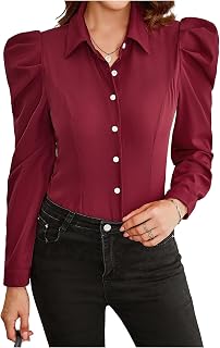 Floerns Women's Elegant Puff Long Sleeve Collared Shirts Dressy Blouse Top