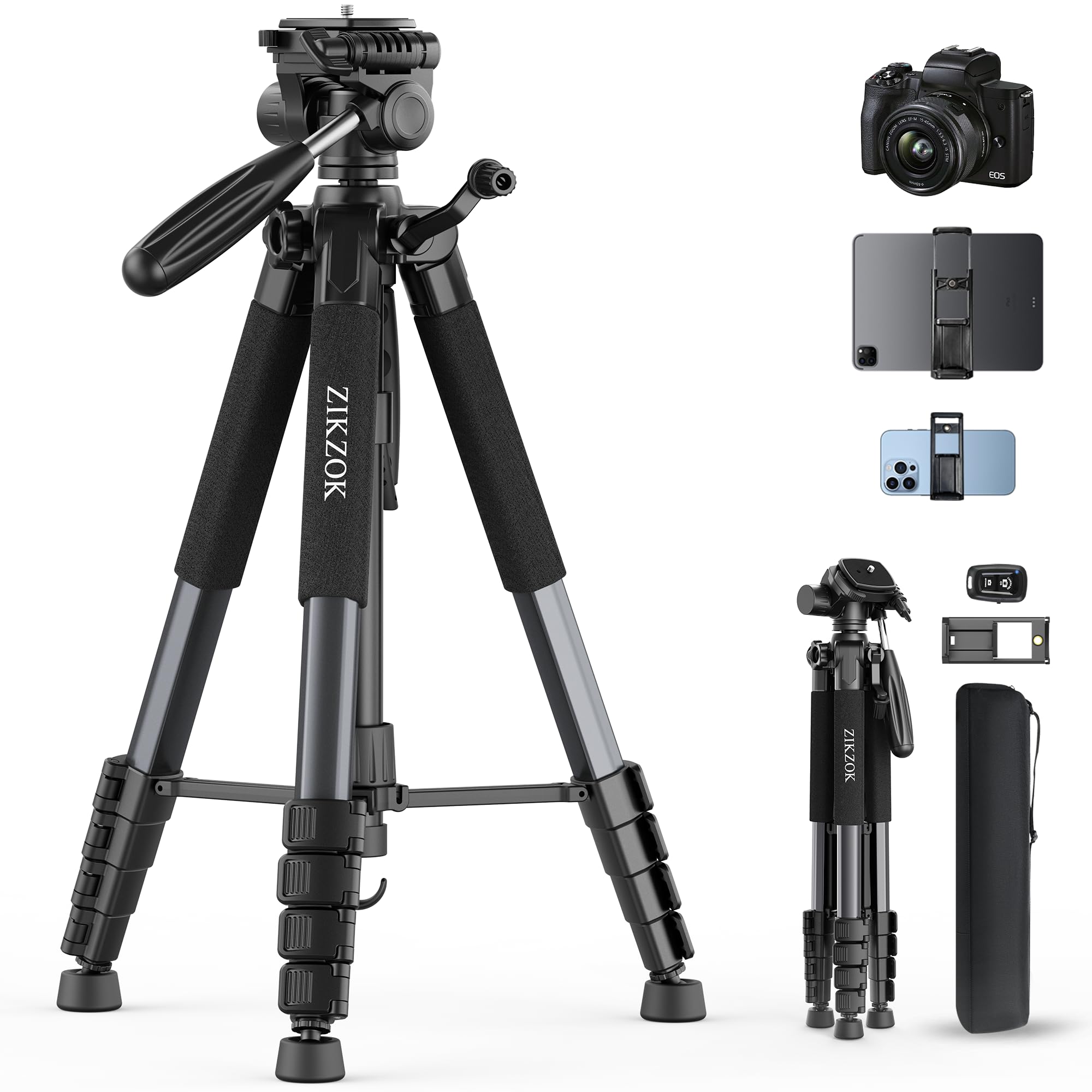 ZIKZOK 75" Camera Tripod Stand, Heavy Duty with Remote for DSLR iPad iPhone | Al