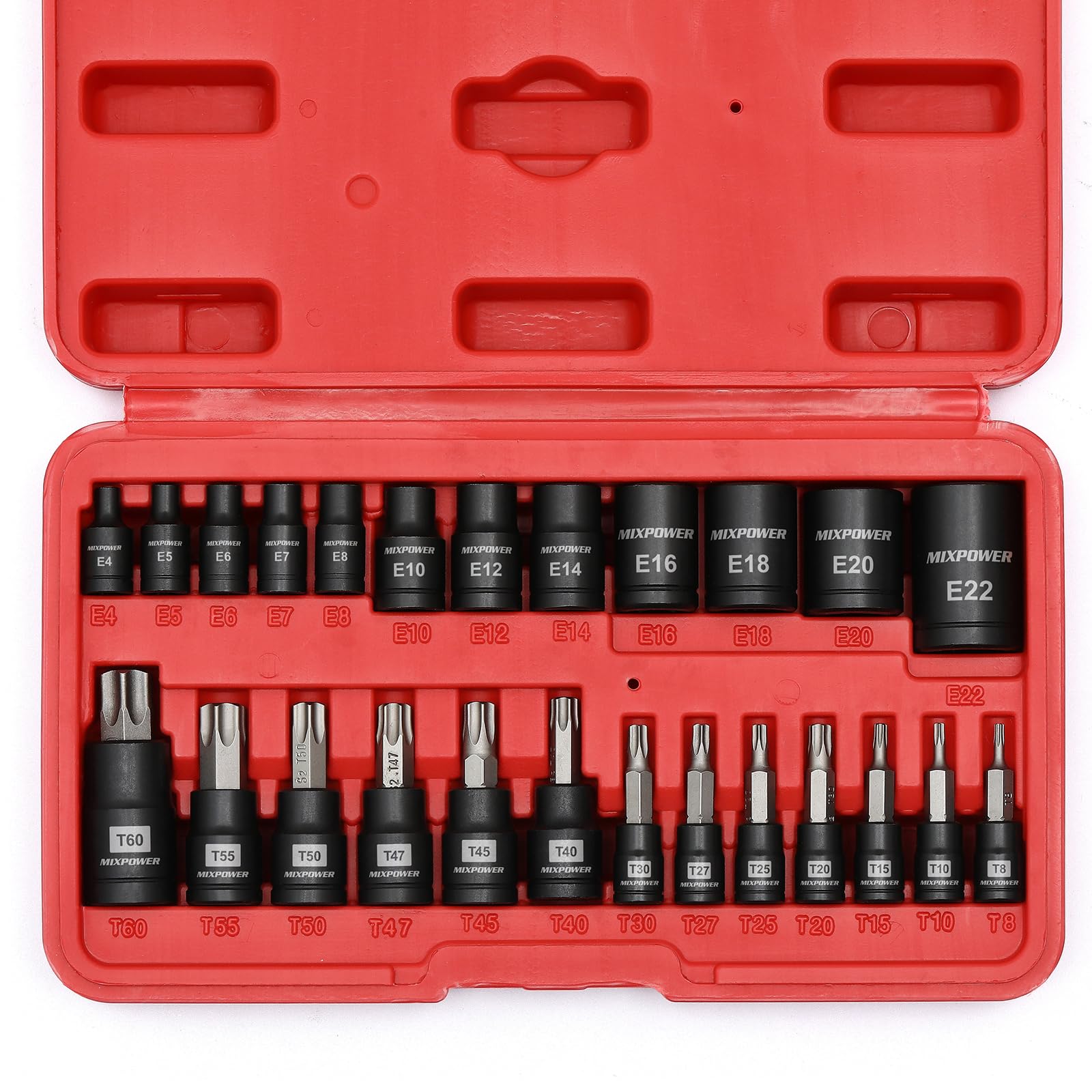 MIXPOWER 25 Piece Torx Bit and Socket Set, 13 Star Bits (T8- T60) & 12 E-Torx So