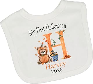 My First Personalised Halloween 2026 Alphabet Pumpkin Bear Baby Bib | Girls, Boys, Outfit, Costume