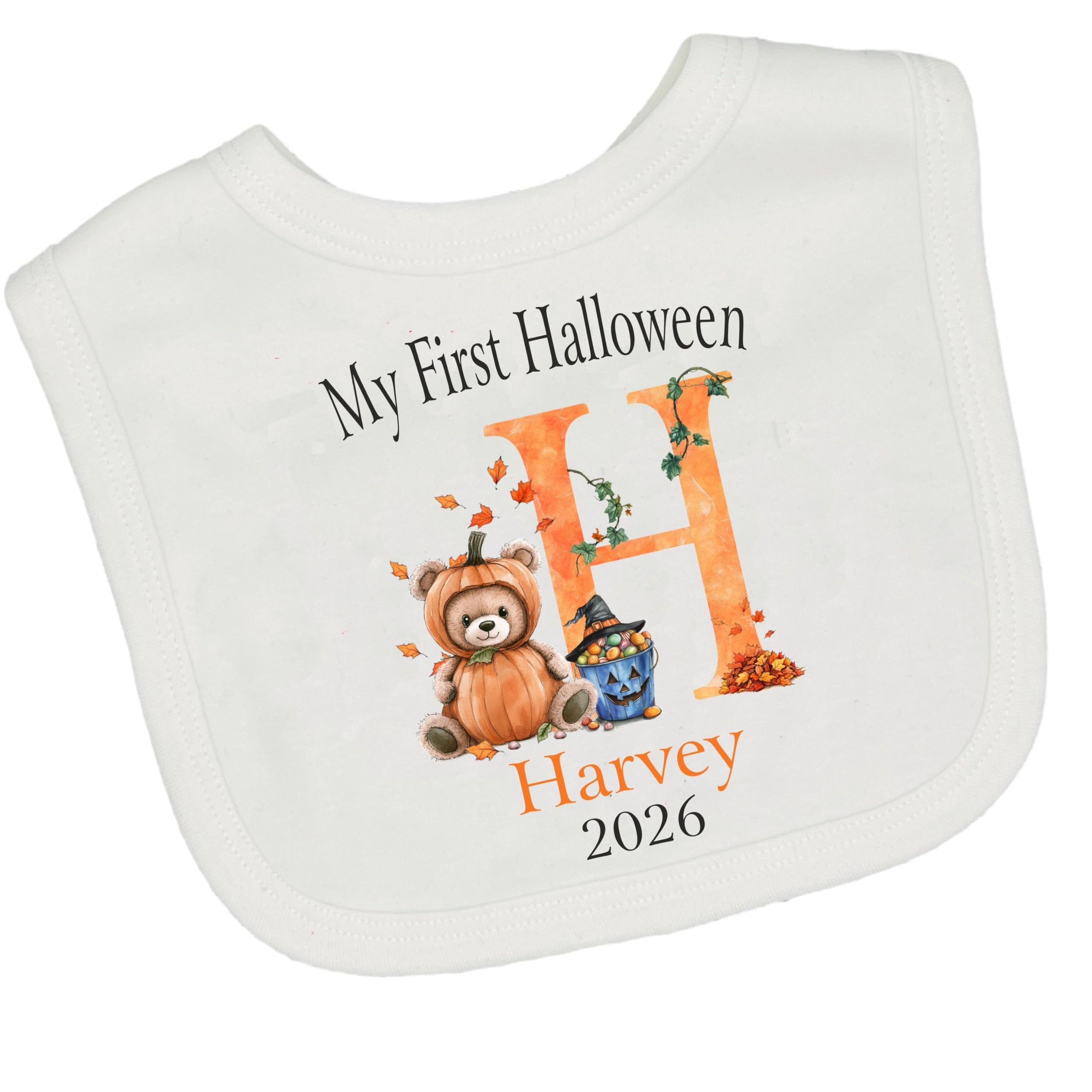 My First Personalised Halloween 2026 Alphabet Pumpkin Bear Baby Bib | Girls, Boy