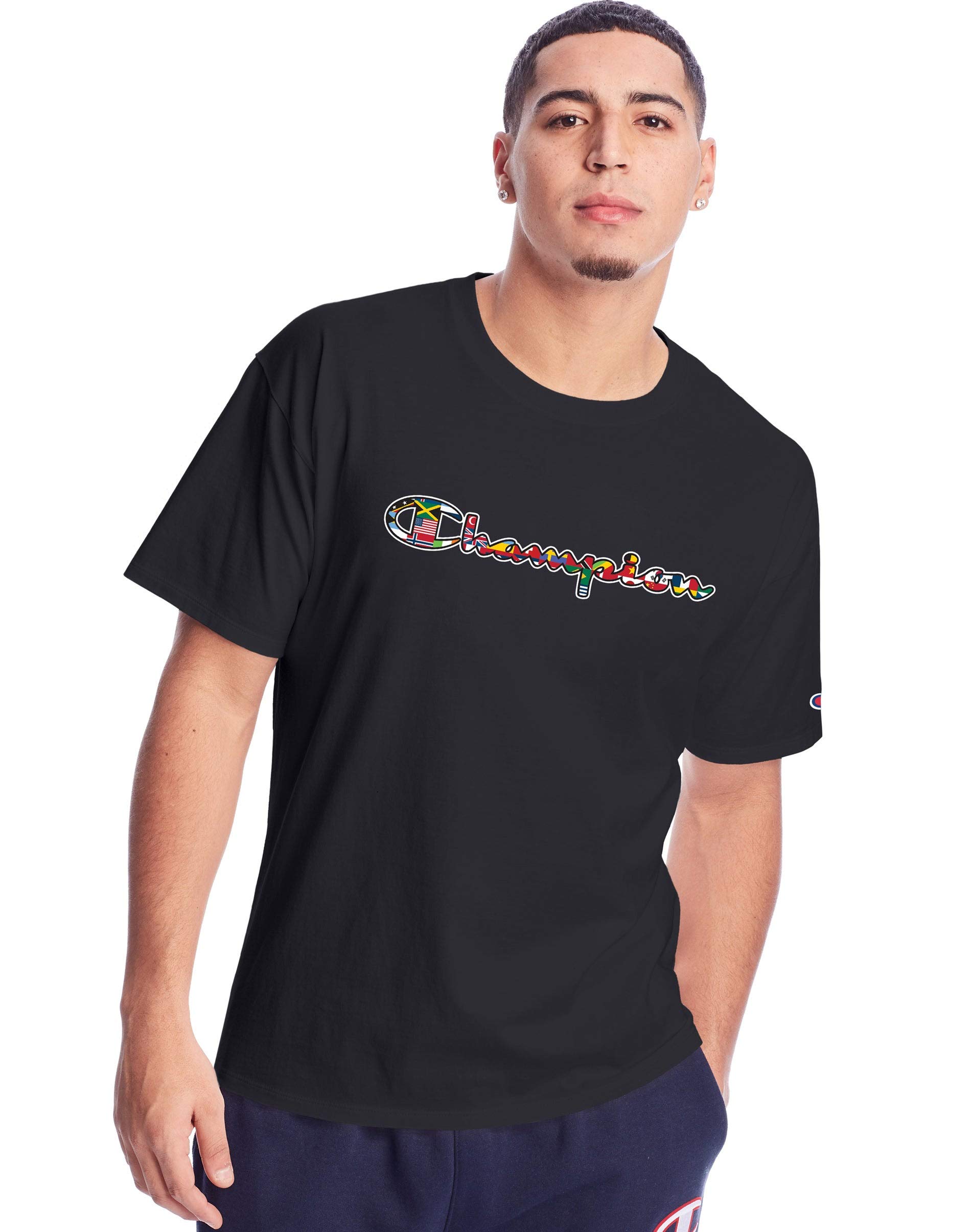 Champion Men's Classic T-Shirt Big C Graphic T-Shirt, Black - Multi Flag Script,