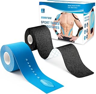 SURFOU Kinesiology Tape, 2 Rolls 2 in x 5 m Kinesio Taping Elastic, Strong Adhesive and Skin-Friendly for Knee, Shoulder, Muscle and Training, Blue + Black