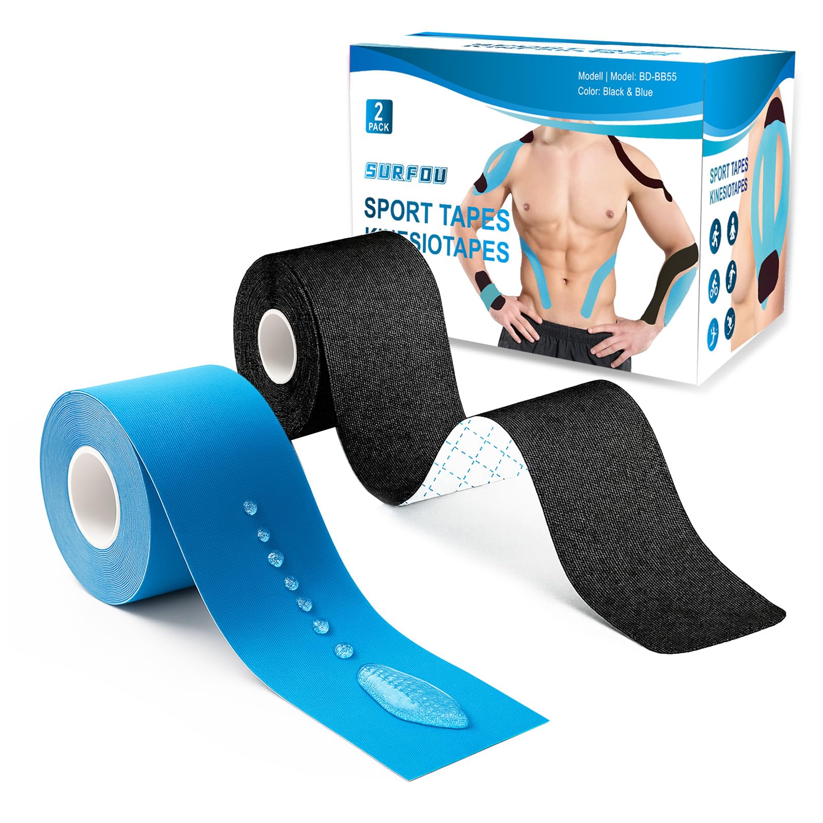 SURFOU Kinesiology Tape, 2 Rolls 2 in x 5 m Kinesio Taping Elastic, Strong Adhes