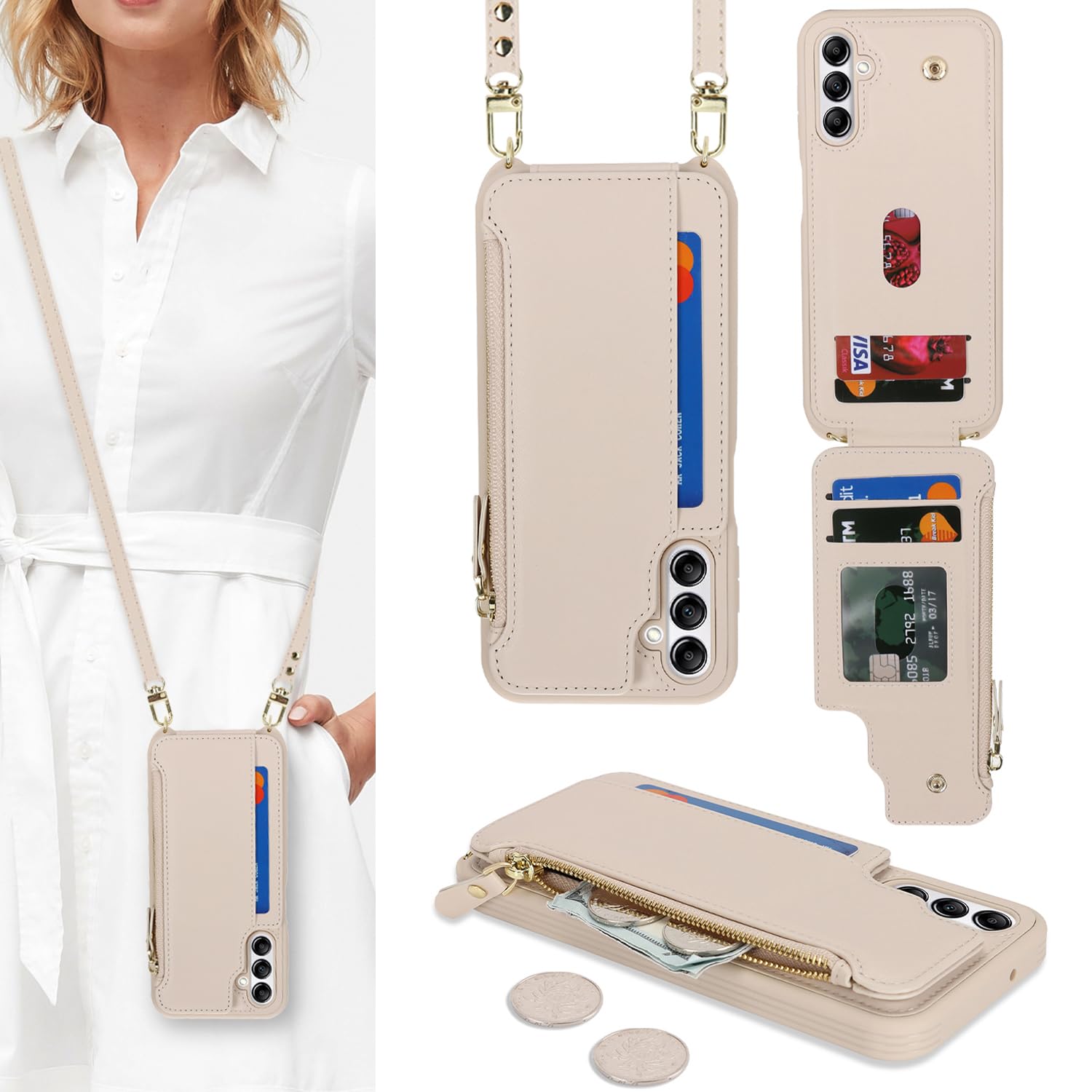 Cavor for Samsung Galaxy A14 5G Phone Case Wallet for Women, Cream