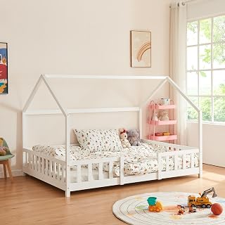 [en.casa] Children's Cabin Bed in House Shape with Slatted Base with Comfortable Protective Grille, Load Capacity 150 kg, Pine Wood Plywood, 140 x 200 cm, White