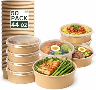 44oz 50Pack Kraft Paper Bowls with Lids, Disposable Meal Prep Containers