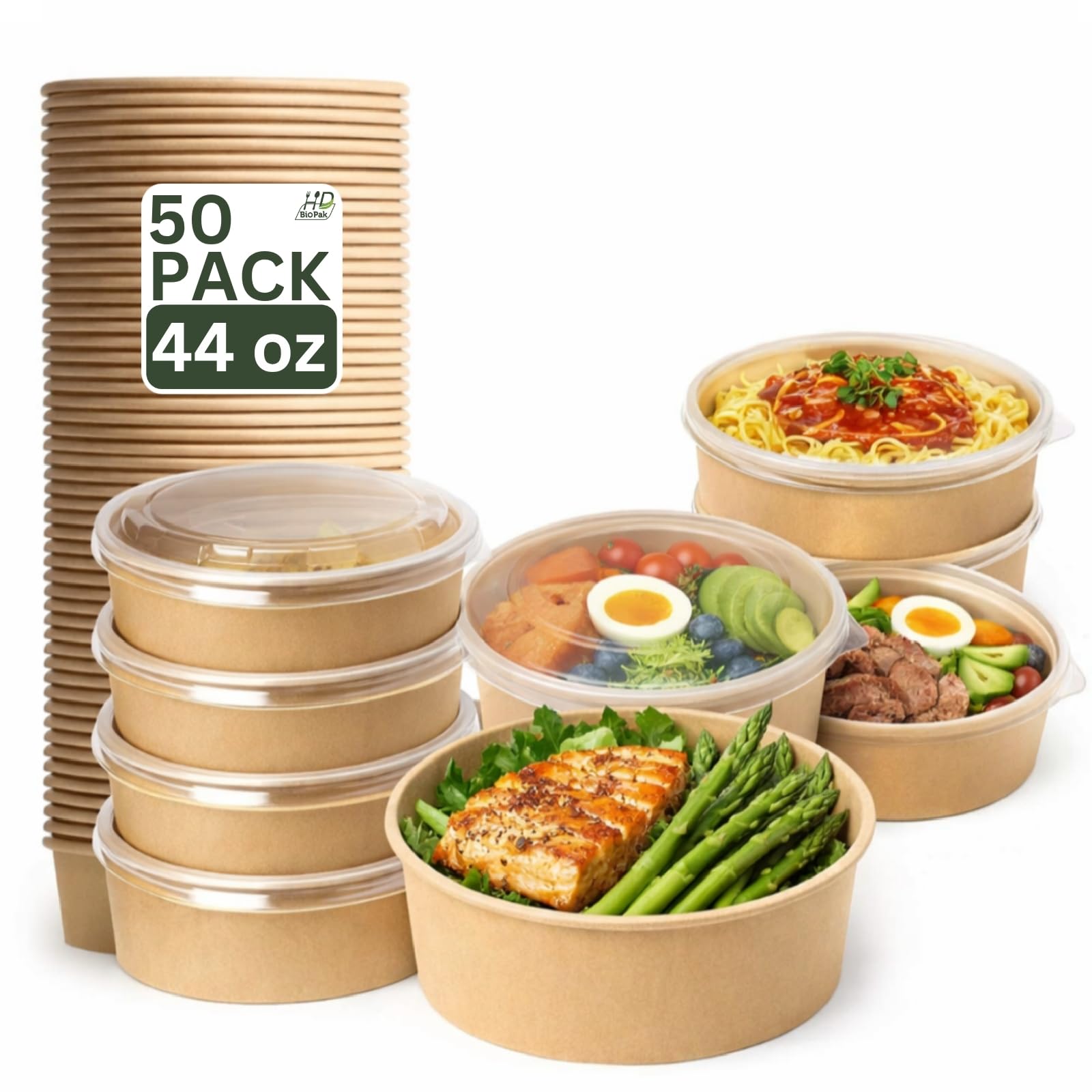 44oz 50Pack Kraft Paper Bowls with Lids, Disposable Meal Prep Containers