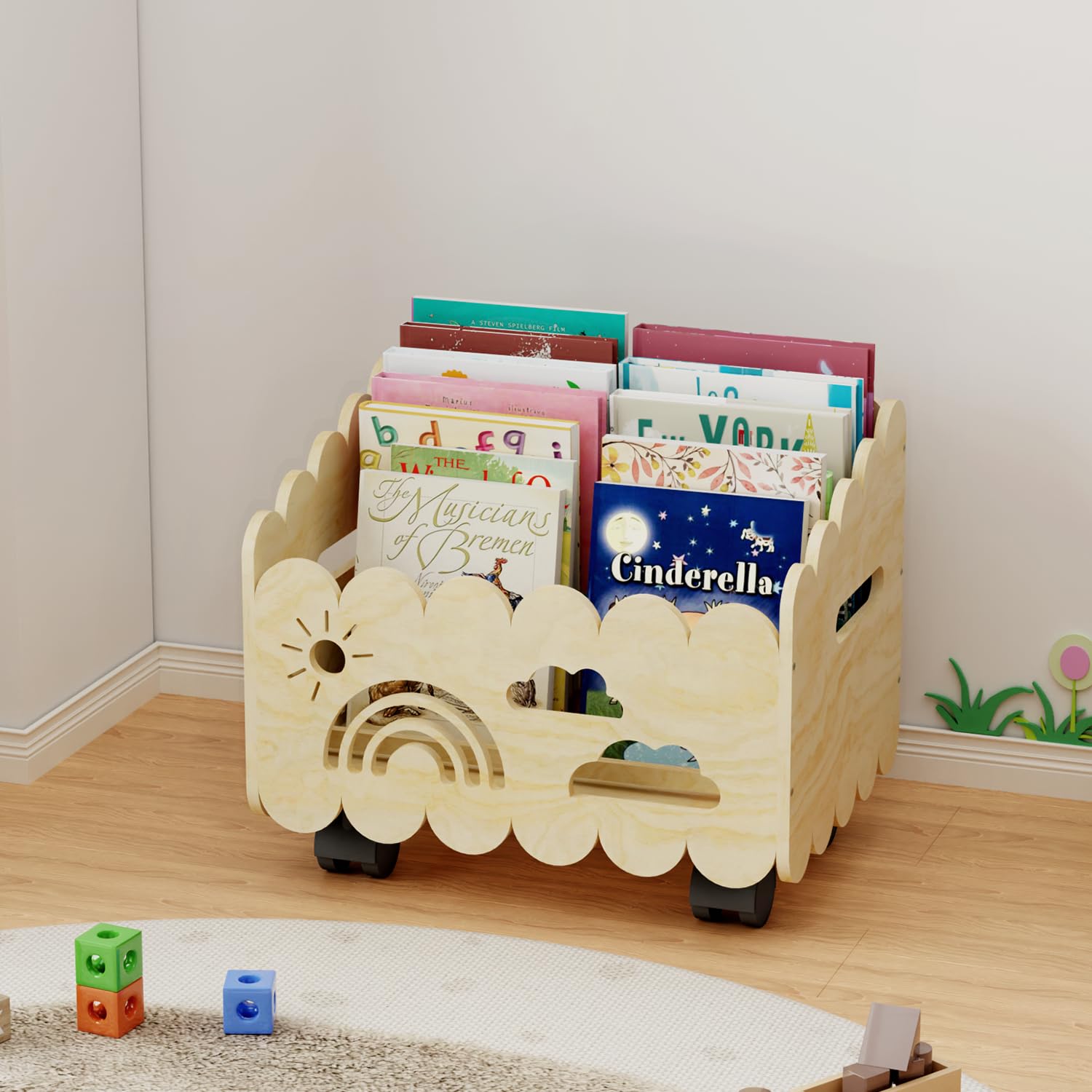 Wood Kids Bookshelf, Montessori Bookshelf, with 2 Adjustable Dividers, 4 Wheels 