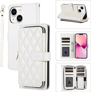 Étui portefeuille pour iPhone 14 6,1" avec fermeture éclair, porte-cartes et bandoulière, dragonne, sac à main, coque de protection élégante pour iPhone 14 (blanc)