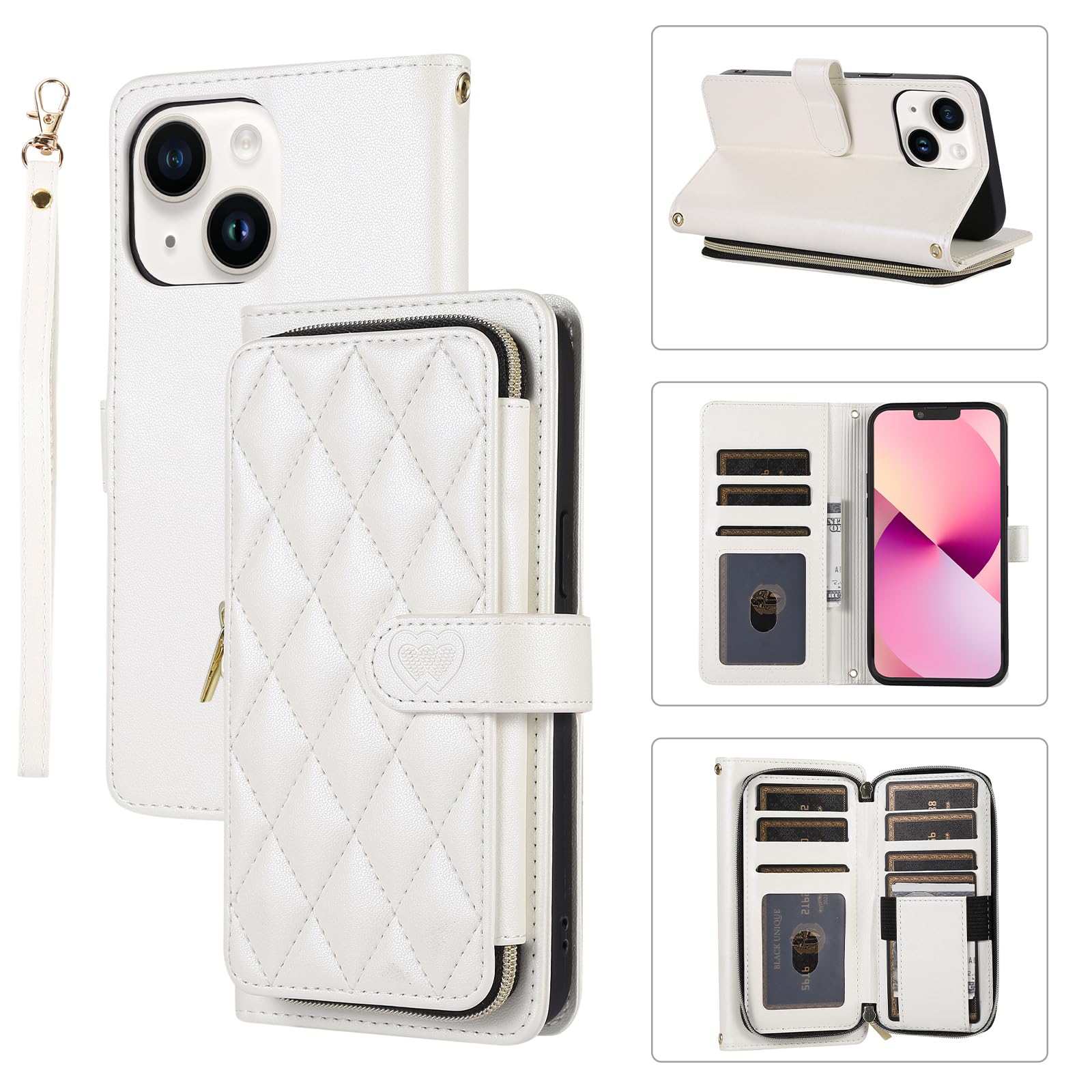 Étui portefeuille pour iPhone 14 6,1" avec fermeture éclair, porte-cartes et ban