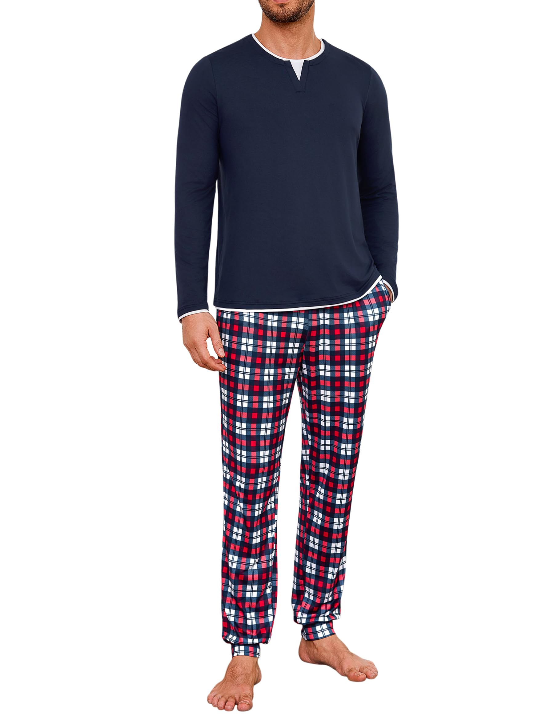 Schlafanzug Herren lang Doppelkragen Schlafhose Pyjama Männer Schlafanzüge für H