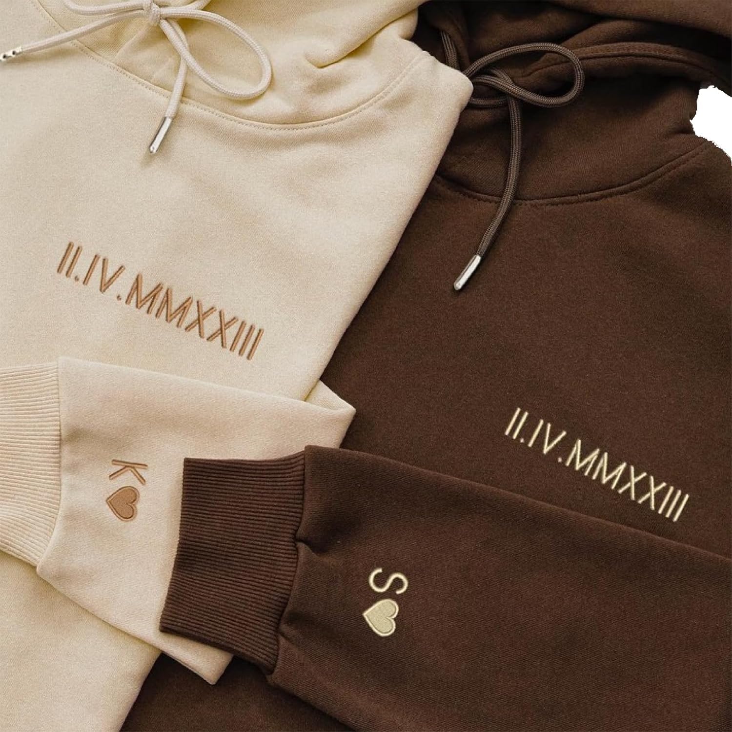 Custom Embroidered Hoodie Couple Matching, Roman Numeral Date Initials Personali