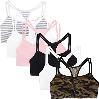 Fruit of The Loom Women's Thin Straps Cotton Sports Bra, Value Pack, Camouflage/White/Black/Blush/Grey/White Stripe, 80