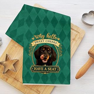 Funny Dachshund Kitchen Towels, Decorative Absorbent Towels Vintage Green for Living Room Home, Dog Lovers Gift, Soft Microfiber Tea Towel, Decoration for