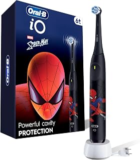 Oral-B iO Kids Rechargeable Electric Powered Toothbrush, Spiderman with 1 Gentle Care Brush Head - Automatic Pressure Sensor to Protect Gums - 3 Cleaning Settings - 2 Min Music Timer - 28 Day Battery Life