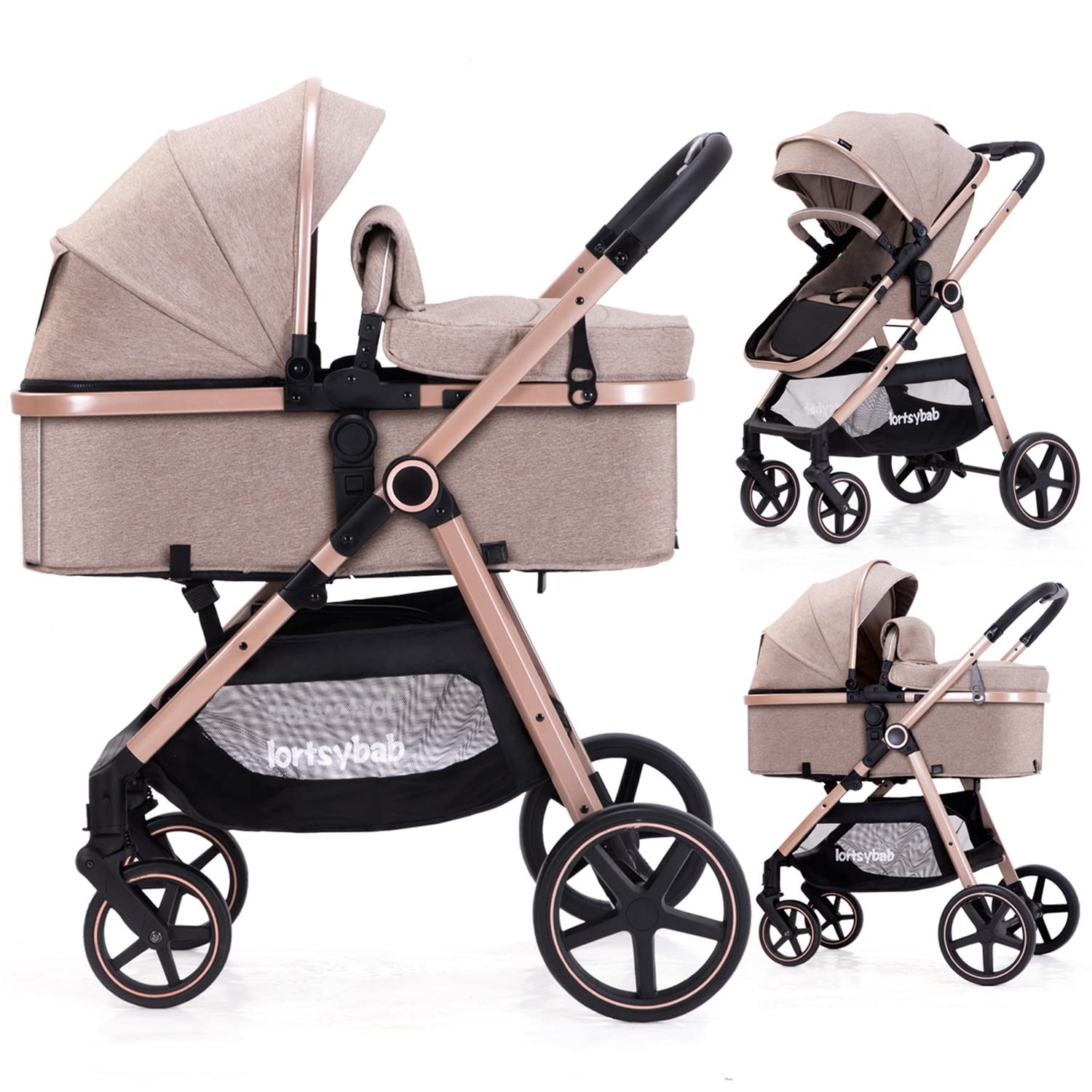 Lortsybab 2-in-1 Baby Stroller - Folding Infant Newborn Pram Stroller with Rever