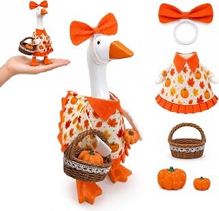 MAHMLOW Desk Goose Outfits 7 inches，Fall Mini Desktop Goose Cloth，Holiday Decor for Office Table，Gifts for Lover，Pumpkin Dress with Basket Costumes Accessories