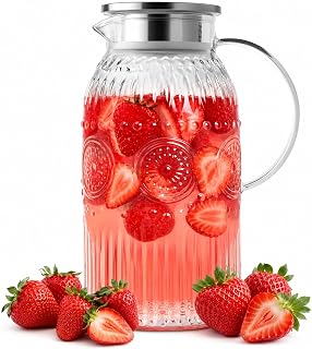 2 Litres Carafe en Verre, Pichet en Verre avec Acier Inoxydable Couvercle Bec Verseur Anti-Fuites, Résistante à la Chaleur Carafe Eau pour Chaude Boisson Maison Thé Glacé Vin de Service