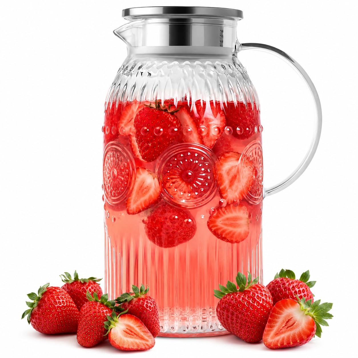 2 Litres Carafe en Verre, Pichet en Verre avec Acier Inoxydable Couvercle Bec Ve